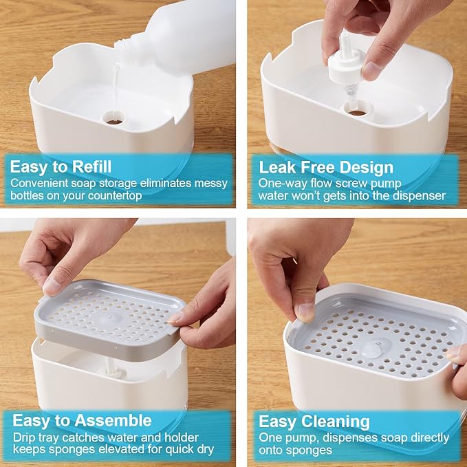 10oz Dish Soap Dispenser for Kitchen Sink with Sponge Holder Push Down Pump Caddy Tray Container Set Dishwashing Liquid Detergent Organizer on Countertop Travel Trailer - White