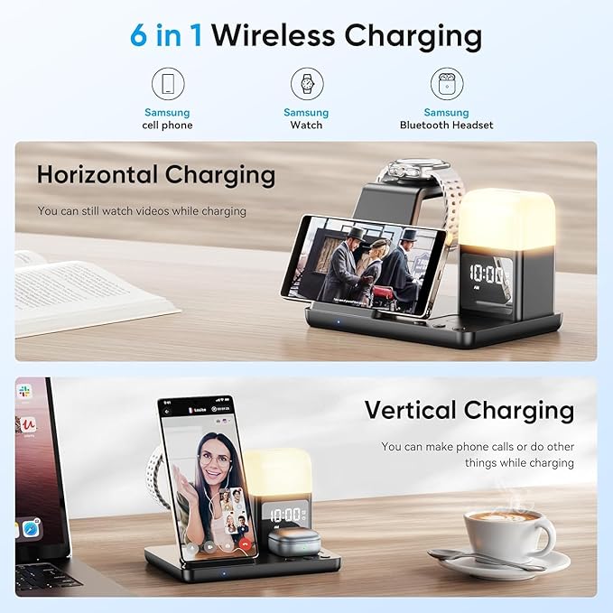 6 in 1 Wireless Charging Station for Samsung Android with Clock & Night Light，Alarm Clocks for Bedrooms,Wireless Charger Stand Beside Clock for Galaxy S26 S25 S24 Ultra Galaxy Watch Galaxy Buds