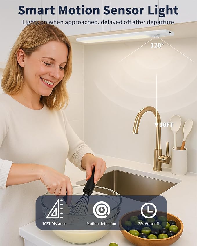 Under Cabinet Lighting, 12 Inch Motion Sensor Light Indoor, 1800mAh USB Rechargeable Closet Light, 3 Color Temperature Operable LED Lights, Can Be Used for Wardrobes, Cabinets, Stairs (3 Pack)