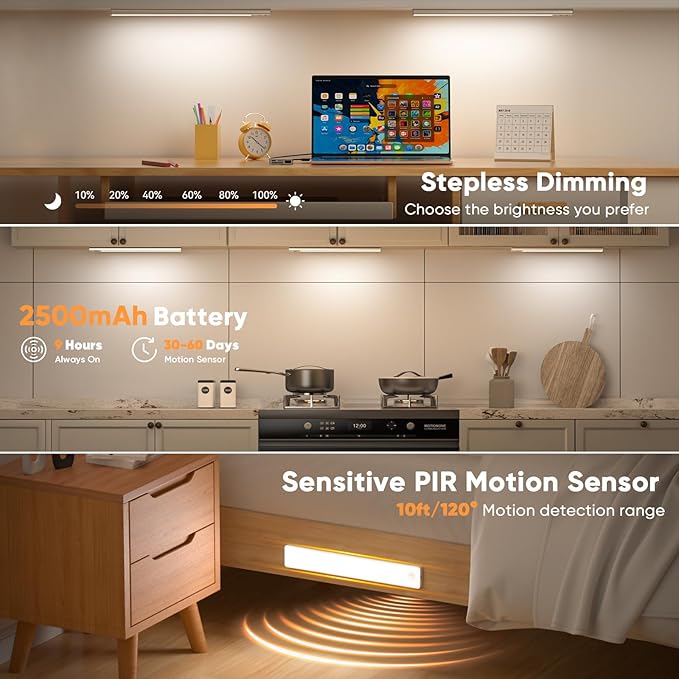 13inch Under Cabinet Lighting, Motion Sensor Light Indoor, Rechargeable Closet Lights Battery Operated, Wireless Dimmable LED Cabinet Lights, Under Counter Lights for Kitchen Warm Color-2 Pack