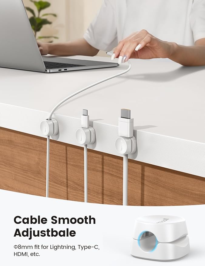 Lamicall 8 Pack Cord Organizer, [1s Lock] Spring Cable Management Clips - Adhesive Phone Cord Holder Clips for Nightstand Desk Car Office Home College Dorm Room, Desk Organizer Accessories, White