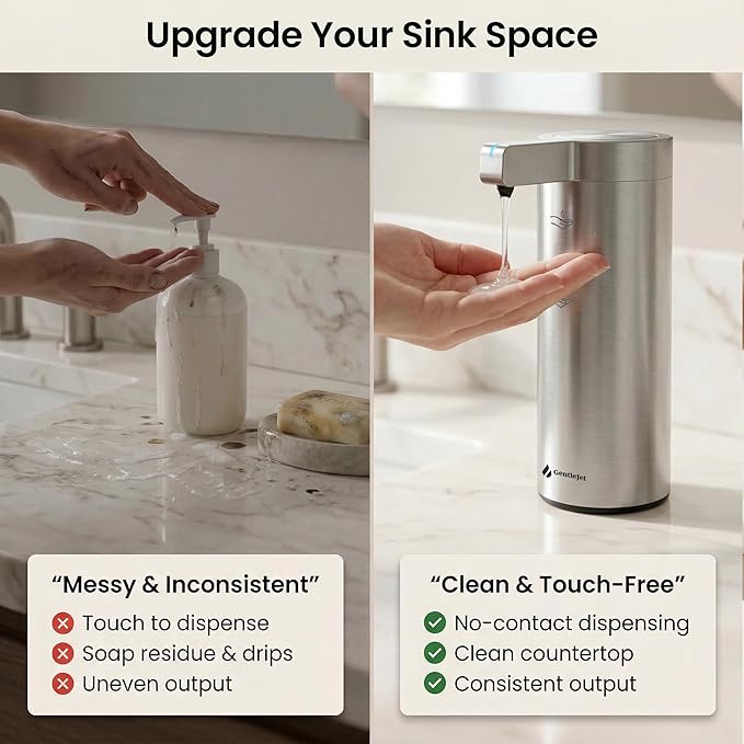 GentleJet SmoothDrop Automatic Liquid Soap Dispenser Touchless, No-Drip Precision Pump, USB-C Rechargeable, 304 Stainless Steel, Waterproof Countertop Dispenser for Kitchen & Bathroom Sink, 270 ml