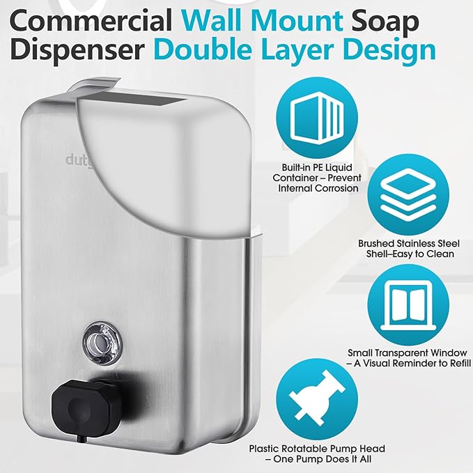 Commercial Wall Mounted Soap Dispenser, 1100ML - Stainless Steel, Easy Wall Mount Installation, Anti-Leak Pump, Corrosion Resistant, Ideal for Commercial, Household, Office Use(37.19 fl.oz.)