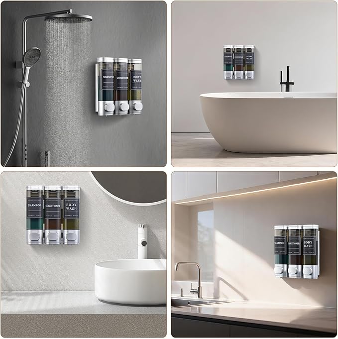 Shampoo and Conditioner Dispenser,Shower Soap Dispenser 3 Chamber No Drill Wall-Mounted Shampoo Dispenser for Shower Wall Mounted Shower Dispenser for Bathroom Hotel Large Capacity,Silver