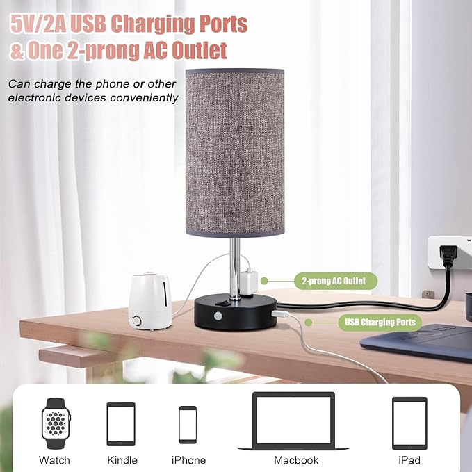lifeholder Table Lamps with Motion Sensor and Constant on Two Modes, USB Lamp with Warm White Bulb, Fabric Shade, Built-in USB Port & AC Outlet - Bedside Table Lamp for Bedroom or Living Room