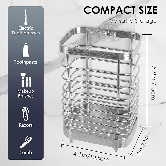 Wall Mount Toothbrush Holder for Bathroom, Stainless Steel Rustproof Toothbrush and Toothpaste Holder Organizer, Electric Toothbrush Holder Self Adhesive Wallmount/Countertop Organizer(Silver)