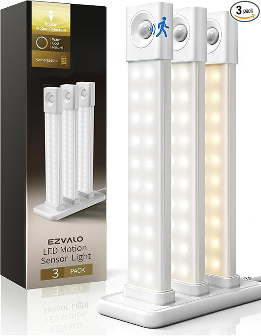EZVALO Under Cabinet Lighting with Charging Station, 8 inch Motion Sensor Light Indoor, 1100mAh Rechargeable LED Light, 3 Color Temperatures, Dimmable Counter Lights for Kitchen, Closet, Stair (3Pack)