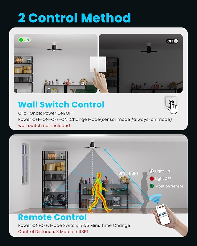 4 Pack Garage Lights with Motion Sensor, 8000LM Motion Sensor Light Bulb Indoor with 360° Detection, Screw-in 6500K Motion Activated Shop Lights for Ceiling, Basement