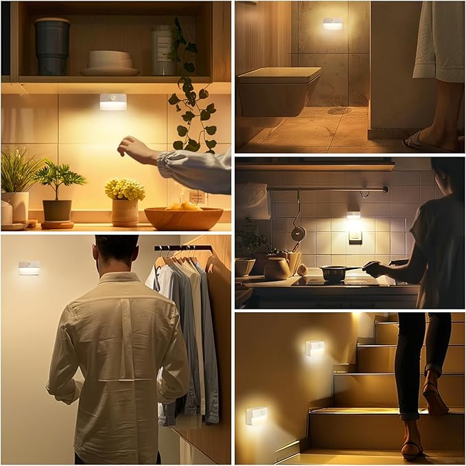 Guankai 16 Pack Motion Sensor Stair Light for Indoor, Battery Operated Closet Lights, Stick on Anywhere Hallway Lamp, Portable Led Night Lamps for Bedroom Under Cabinet Kitchen