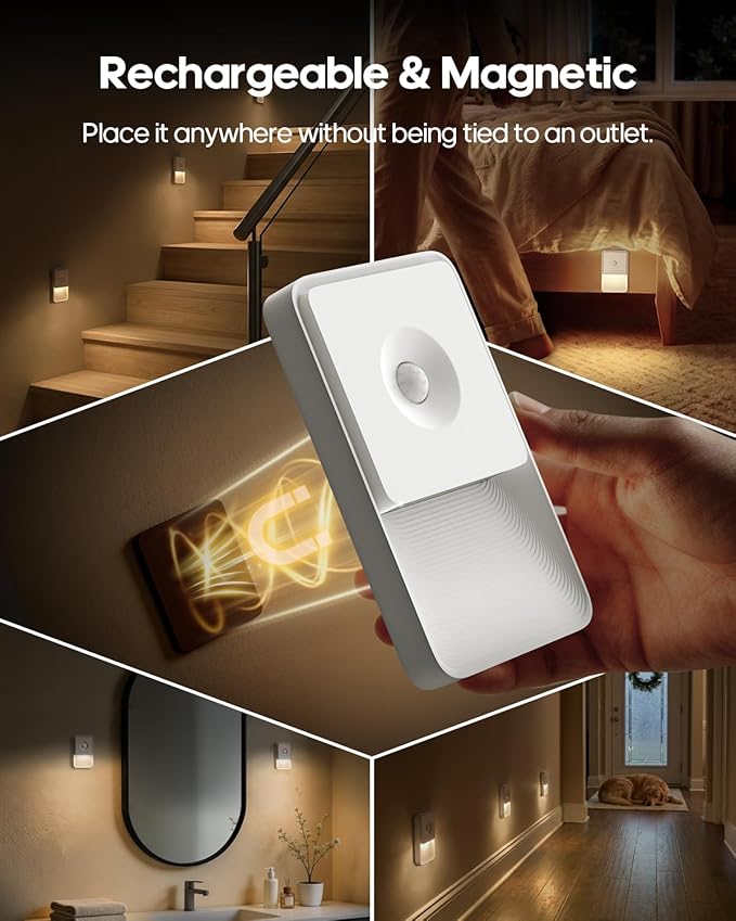 GOODEA Rechargeable Motion Sensor Night Lights for Stairs, Magnetic Stair Lights Indoor, Warm Dimmable Night Light for Hallway,Bathroom,Bedroom,Closet(8Pack)