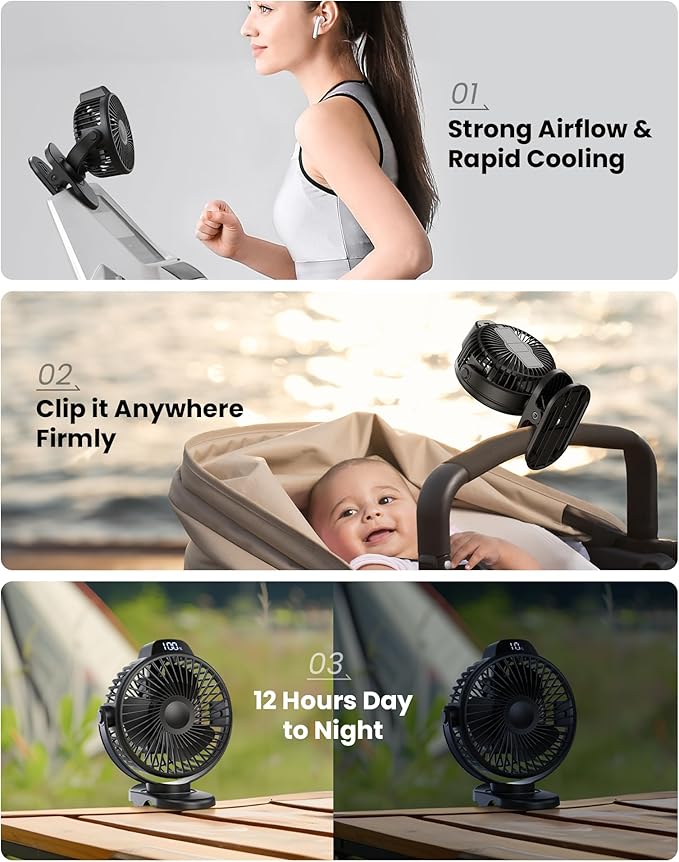 Koonie Portable Clip On Fan, Small Rechargeable Battery Operated, 3 Speed Mini clamp Fan With LED Display, 360° Rotate Personal Cooling Desk Fan for Stroller Bed Travel Camping Golf Gym