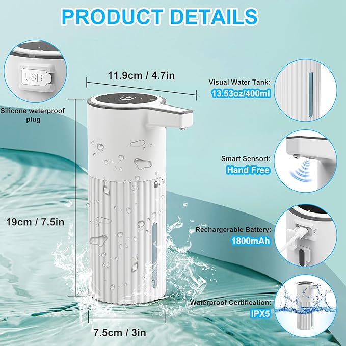 HOMELYLIFE Automatic Foam/Luquid Soap Dispenser, 13.53oz/400ml Touchless Dispenser w/ 4 Adjustable Levels, 1800mAh USB Rechargeable Smart Hand Free Dispenser for Bathroom,Kitchen,Office,Home (Liquid)