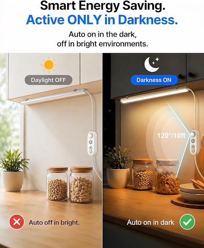 Motion Sensor Dimmable Under Cabinet Lighting, 4500K Daylight, Plug-in, Linkable LED Closet Light Bars, 12-inch 3 Pack