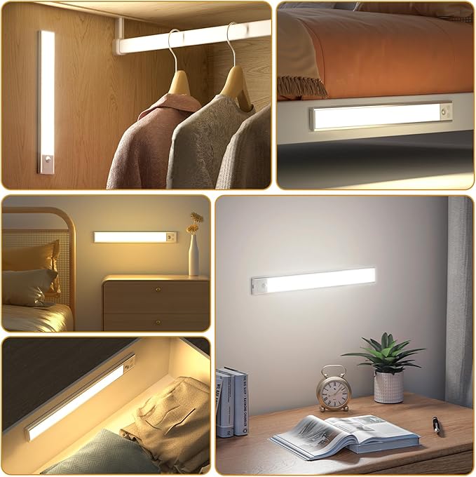 Under Cabinet Lights Motion Sensor 3 Color Temperatures LED Closet Light, USB-C Rechargeable Under Counter Lights Night Light for Kitchen, Wardrobe (Silver - 3 Color, 12.2 Inch - 3 Pack)