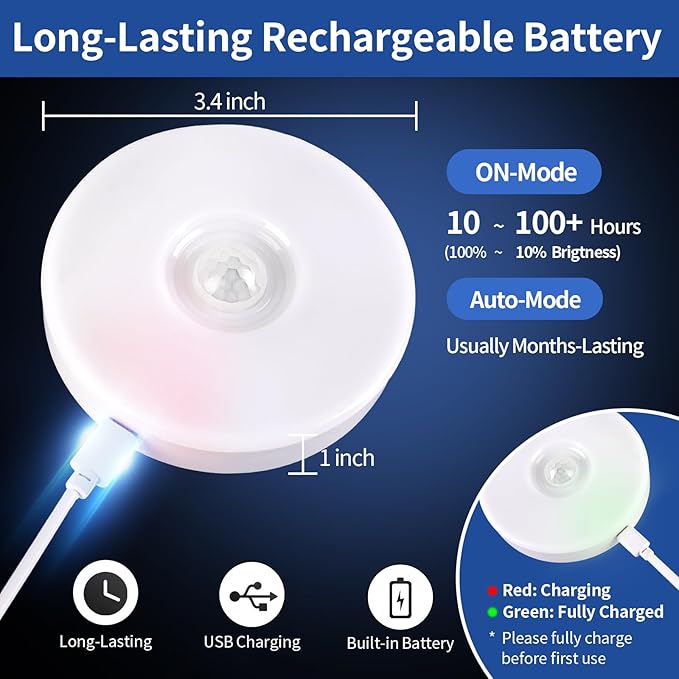 RGB LED Rechargeable Motion Sensor Light Indoor with Remote, Long-Lasting Battery, Bright & Dimmable, Stick-On Puck Night Light for Closet, Cabinet, Kitchen, Stairs, Shelves - Cool & RGB 2Pack