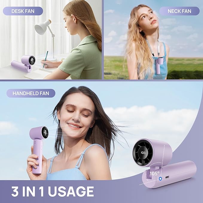 2026 Upgraded Portable Handheld Turbo Fan Personal fan 18000RPM Speed Adjustable, 3-IN-1 Rechargeable Fan with LED Display, Travel Essentials, Gifts for Women Men Outdoor Indoor (Purple)