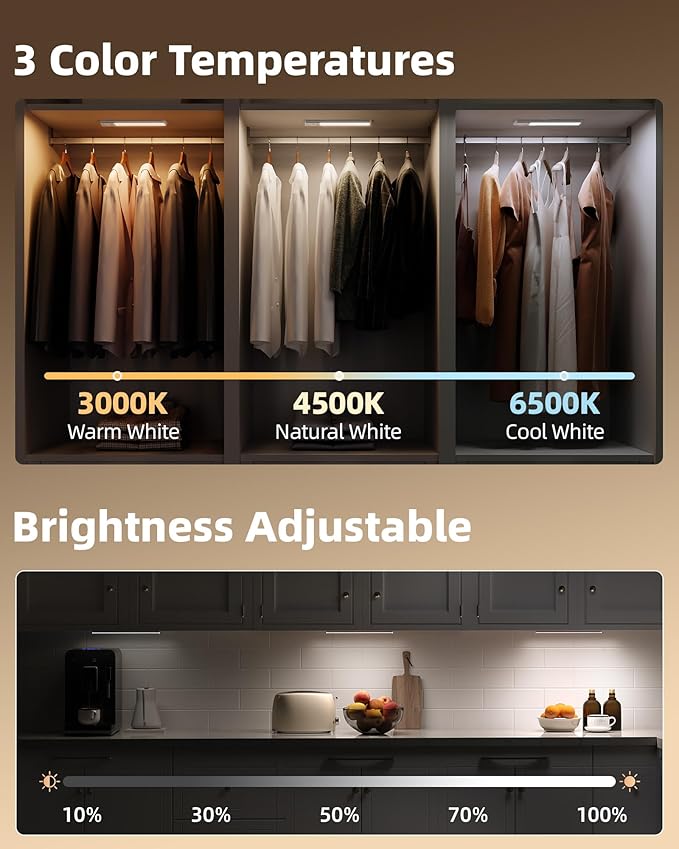 EZVALO 4-Pack Under Cabinet Lights, 2400mAh Rechargeable Motion Sensor Light Indoor, Wireless Closet Lights, with 3 Color Temps, Dimmable, Magnetic, Under Counter Lights for Kitchen, Stairs (8-inch)