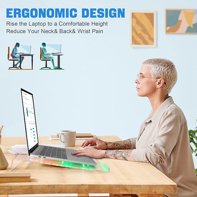 Acrylic Laptop Stand Clear Tablet Holder with 366 Kinds of RGB Backlight,Multiple Heat Dissipation Vents Ergonomic Tilted Mount Riser for PC,Notebook,MacBook,Phone from 10 to 17.3 Inch Work/Home