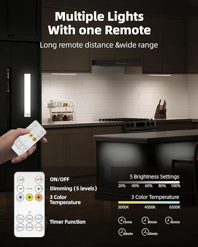 2Pack 12inch Under Cabinet Lighting, Rechargeable Motion Sensor Light Wireless Indoor, Dimmable 3 Color Temps Closet Lights with IR Remote, Under Counter LED Lights for Kitchen, Stairs