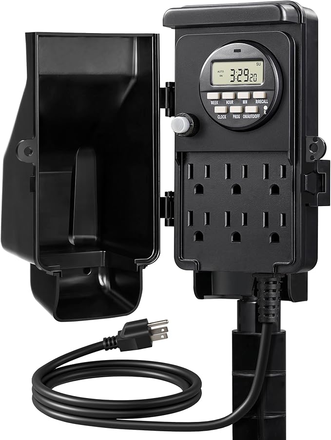 DEWENWILS Outdoor Digital Power Strip Timer, Multi Sockets, Waterproof 6 Outlets Garden Power Stake, 6ft Cord, Digital Timer for Lights, Yard, Garden, 15A Heavy Duty