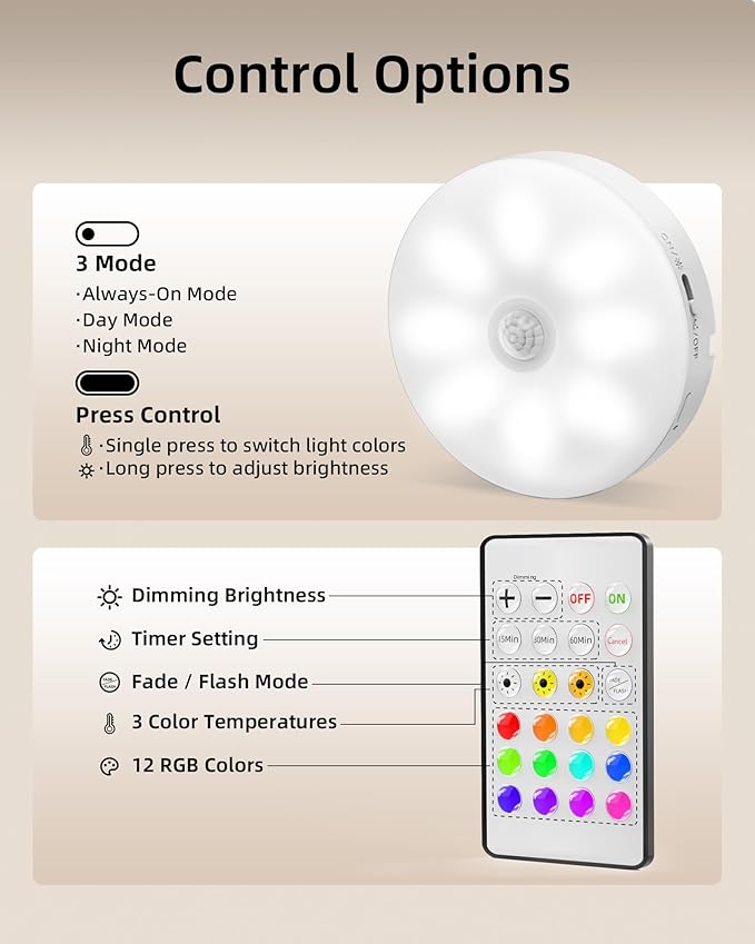 EZVALO 6-Pack Under Cabinet Lighting, Rechargeable Motion Sensor Puck Light with Remote, 3 Color Temps & 12 RGB Colors, Magnetic Stick on Light, Dimmable Under Counter Light for Kitchen, Home Decor