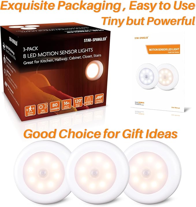 STAR-SPANGLED 3 Pack 3.1” Motion Sensor Lights Indoor AA Battery Operated, Stick on LED Puck Light for Closet, Stairs, Under Cabinet, Kitchen, Warm White
