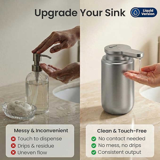 GentleJet WaveJet Automatic Liquid Soap Dispenser Touchless Sensor, USB-C Rechargeable, 304 Stainless Steel, IPX5 Waterproof for Bathroom Kitchen Sink, 10 oz / 300 ml