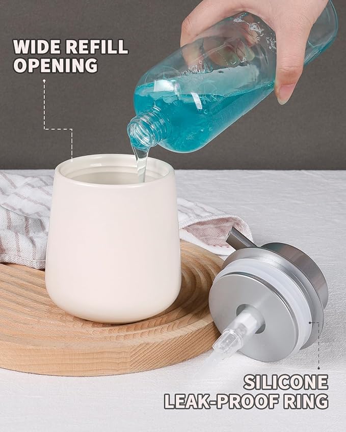 BosilunLife Hand Soap Dispenser - Beige & Grey 12Oz Ceramic Soap Dispenser Bathroom Refillable Liquid Dispenser for Dish Soap with Easy-to-Press Pump