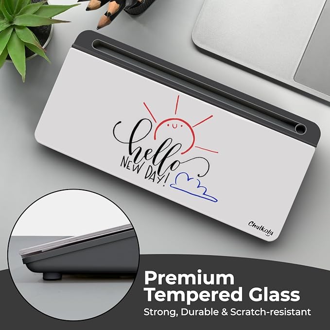 Chalkola Grey Glass Desktop Whiteboard with Storage - Dry Erase Board, Work Desk Organizers, Computer Keyboard Stand, Home Office Desk Accessories, Workspace Desktop Buddy