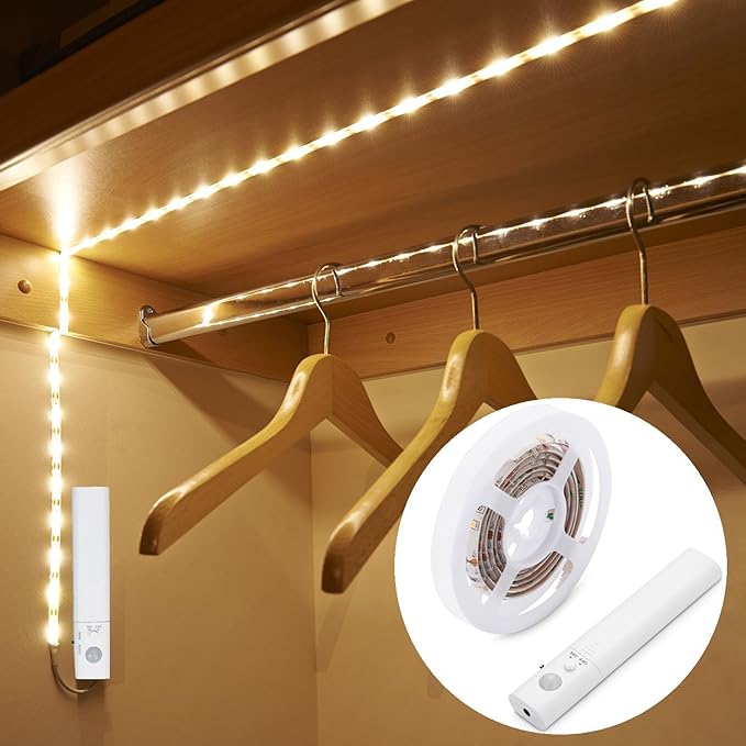 Motion Sensor Light Indoor, Closet Light Motion Sensored, Battery Operated Cabinet Led Strip Lights, 4000K White Under Cabinet Lighting, Led Lights for Bedroom, Kitchen, Stair, Shelf (3.2FT)