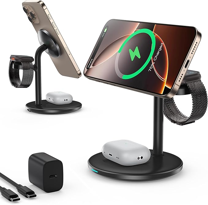 3 in 1 Wireless Charging Station for Apple Devices with MagSafe Charger, 15W Wireless Charger Station for iPhone 17/16/15/14/13/12 Pro Max Air Plus Mini, iWatch&AirPods(with 20W Adapter)
