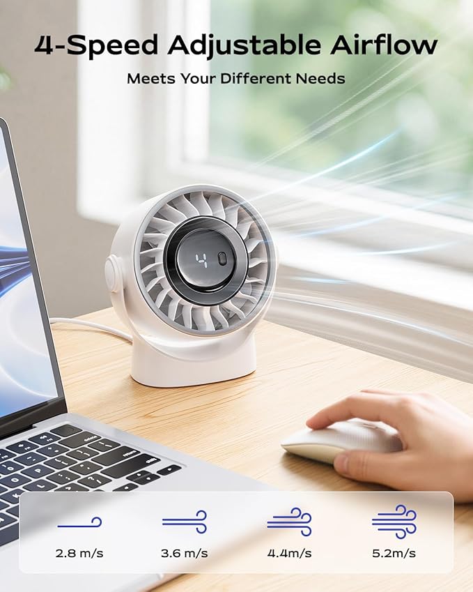 SWEETFULL USB Small Desk Fan - 5 Inch Mini Personal Desktop Fan, 4 Speeds Cooling Strong Airflow, 360° Adjustable Tilt, Quiet Portable Table Fans for Bedroom, Home, Office, Travel & Cruise, White