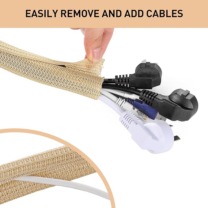 AGPTEK Cable Sleeve, 2 Pack 5ft - 1.2 Inch Cable Management, Desk Cord Cover Organizer Wire Hider for Office Computer TV Wire Loom Tubing, Pet Proof Cord Protector from Cat Dog Chewing, Wood Color