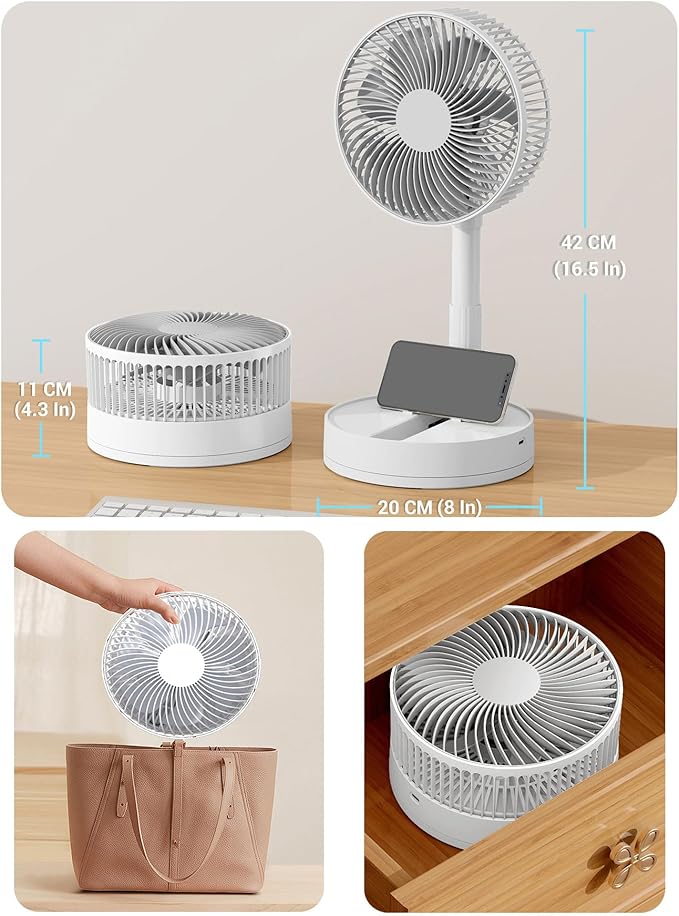Desk Fan, 8-Inch Oscillating Portable Fan Rechargeable, 24H Run, 90° Rotate Small Fan for Bedroom, 4 Speeds＆8H Timer Quiet Mini Travel Fan, Battery Powered USB Fans for Office＆Home, White