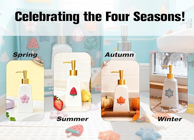Seasonal Soap Dispenser with 11 Interchangeable Magnets - Seasonal Decor - Farmhouse Bathroom Kitchen Decor (Resin,Built in Magnet) - 8.82oz (Gold)
