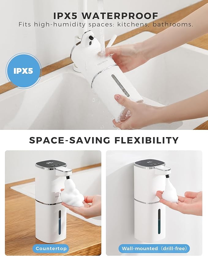 2 Pack Automatic Foaming Soap Dispenser, 400ml//13.53oz, USB Rechargeable, 9- Adjustable Foam Levels, IPX5 Waterproof, Touchless & Wall/Tabletop Use for Kitchen Bathroom, White