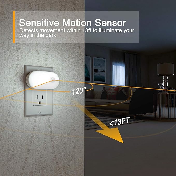 Lyridz 120LM Ultra Bright Plug-in Motion Sensor Night Light, Stepless Dimmable LED Nightlight, Always-On and Auto-Off, for Hallway, Stairs, Bathroom, Bedroom, Garage, Cool White (6-Pack)