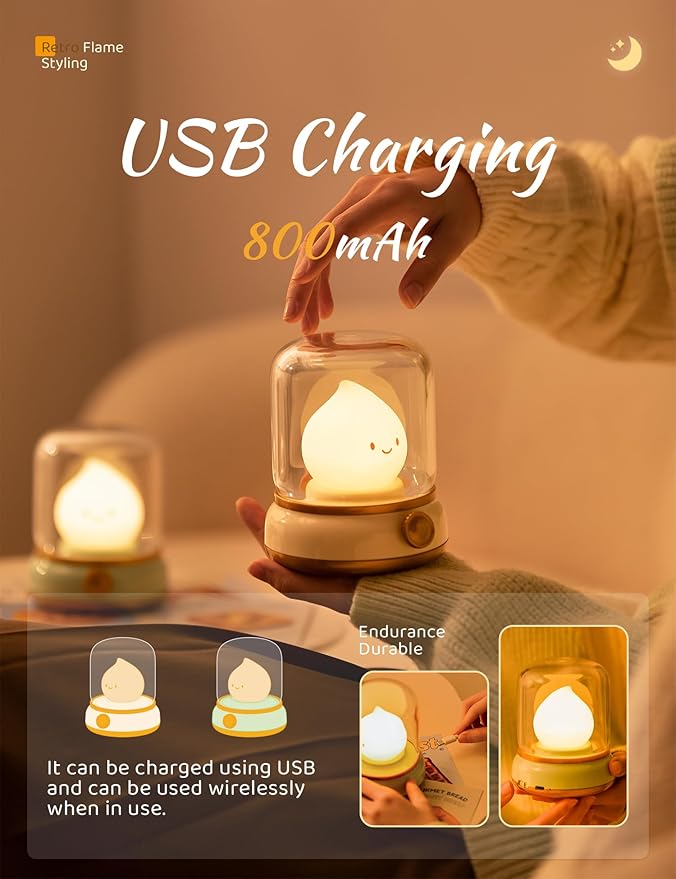 WANIDEA Cute Chibi Flame Lamp, Anime Cozy Lights, Retro Rechargeable Night Light, Decor, Cute Desk Accessories, Gifts 2 Pack (Yellow and Green)