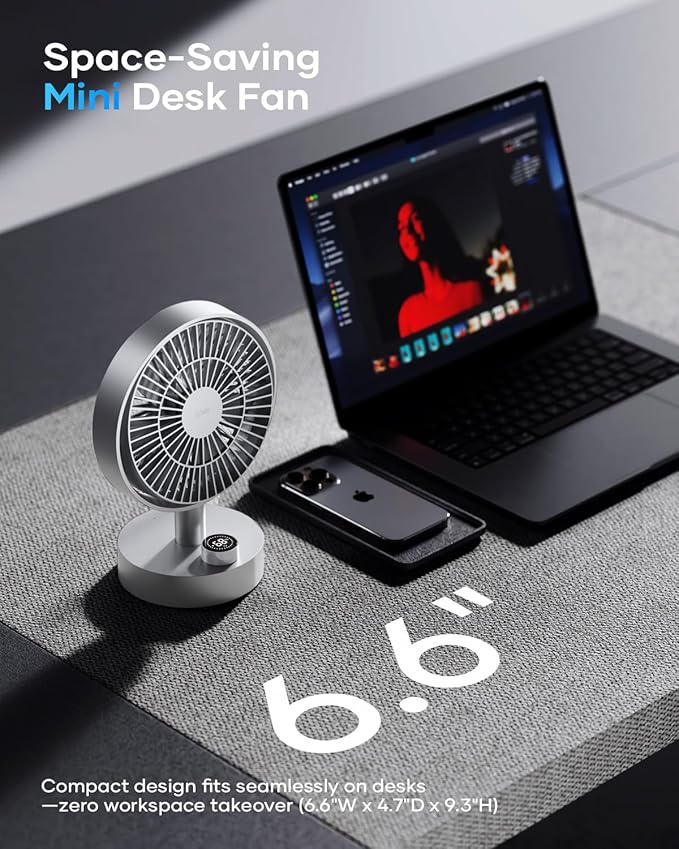 SOTHING Desk Fan, 18dB Ultra-Quiet, 6.6-inch Small Fan with 10-Speed, 160° Oscillating, (4000mAh) 12hrs Battery Life, USB-C Rechargeable, Digital Display, Small Desk Fan for Office - Silver