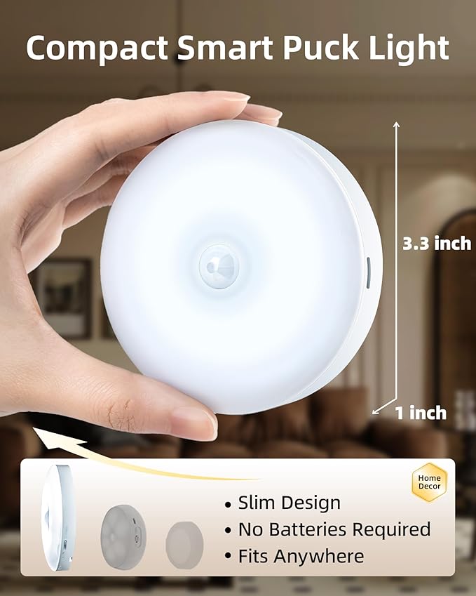 EZVALO Under Cabinet Lighting, 1000mAh Rechargeable Puck Lights with Remote, 3 Color Temps & 12 RGB Motion Sensor Closet Lights, Dimmable Under Cabinet Lights for Kitchen, Cabinets, Closet (3 Packs)