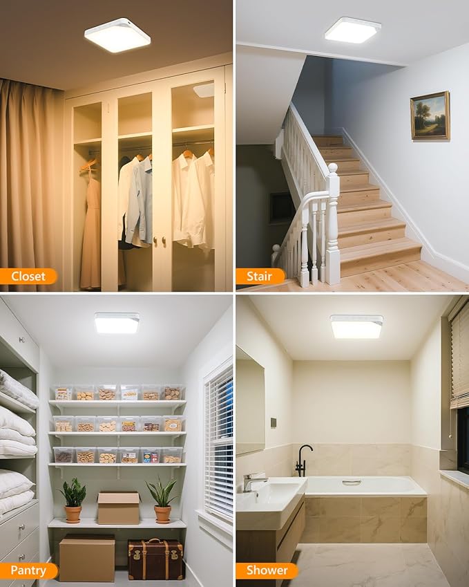 Rechargeable 6W Motion Sensor Ceiling Light Indoor, Wireless Magnetic Stick on Closet Light, Remote Control for Color & Brightness, Battery Operated Light for Shower, Bathroom, Pantry, Hallway, 2-Pack