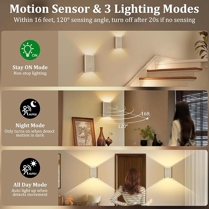 4 Pack Rechargeable Wall Sconce: Battery Operated Motion Sensor Wall Light with Remote, Magnetic Motion Sensor Stair Light Indoor, 3CCT Dimmable Wireless Wall Lamp for Bedroom Hallway Closet, Beech