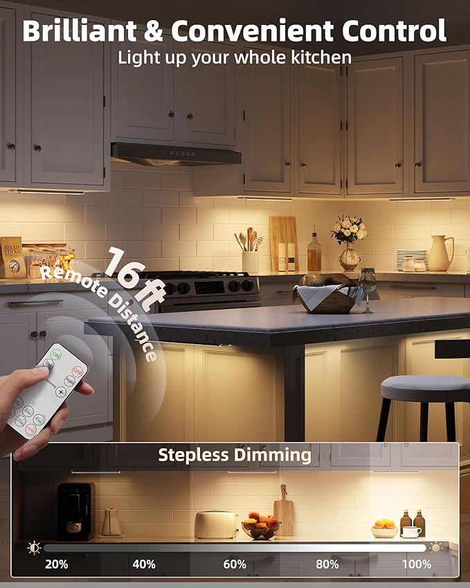 EZVALO 3-Pack Under Cabinet Lighting, 2400mAh Motion Sensor Light, LED Closet Lights Wireless, 3000K Dimmable, Timer, Magnetic, with Remote Control for Kitchen, Closet, Stairs