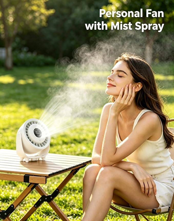 Ouddy Mode Small Desk Fan, 4000mAh Portable Misting Fan Quiet Table Fans with LED Display, Wall-Mouted Design USB Rechargeable Desktop Fans for Bedroom Travel Office Home Kitchen Outdoor White