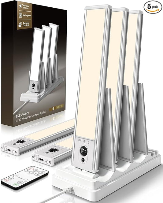 EZVALO 5-Pack Under Cabinet Lighting with Charging Station, 2400mAh Motion Sensor Light, LED Coutner Lights Wireless, 3000K Dimmable, Timer, Magnetic, with Remote Control for Kitchen, Closet, Stair