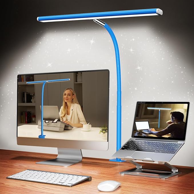 Airlonv LED Desk Lamp for Office Home, Eye-Caring Desk Light with Stepless Dimming Adjustable Flexible Gooseneck, 10W USB Adapter Desk Lamp with Clamp for Reading, Study, Workbench (Blue)