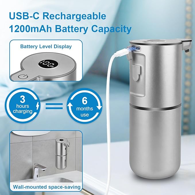 OHIFAST Automatic Liquid Soap Dispenser Touchless, USB Rechargeable Smart Hand Soap Dispenser, 6-Level Adjustable, 12.8oz/380mL Wall Mounted for Bathroom Kitchen Accessories Dish Soap-Silver