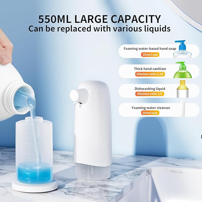 Automatic Foaming Soap Dispenser, 550ml/18oz Foaming Hand Sanitizer Touchless with 3 Adjustable Modes, Rechargeable Automatic Hand Soap Dispenser for Bathroom Kitchen Household
