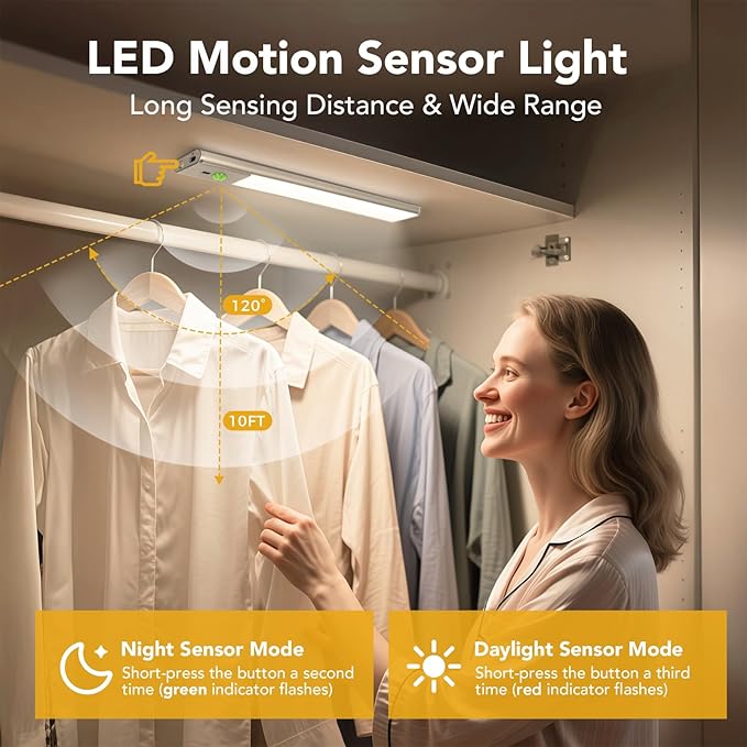 11.8 inch Under Cabinet Lighting with Hand Wave, 78 LED Motion Sensor Light, Rechargeable Closet Lights with 3 Color Temps, Dimming Magnetic Strip Night Lights for Kitchen, Wardrobe, Stairs (2 Pack)