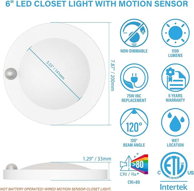 ZAGO LED 6" 120 Volts Closet Light Wired, PIR Motion Sensor Ceiling Disc Light, 15W, 1100 Lumens, CRI>80, 5000K Daylight White for Closet, Laundry, Garage, Pantry, Wet Location, ETL, White, 4 Packs